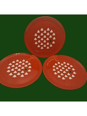 Set Of 3 Vintage Red Ceramic Christmas Tree Plates Festive Holiday Dinnerware 8"